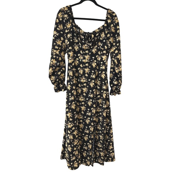 Unbranded Dresses & Skirts - Floral Midi‎ Dress Black Yellow Cottagecore Long Balloon Sleeve Slit L Babydoll